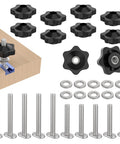 T Track Bolt Knob Kit For Woodworking Jigs And Fixtures 10 Sets 1/4-20 Bolts With Washers And Star Knobs on wooden surface