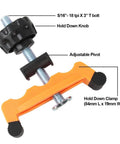Multi Position T Track Hold Down Clamp Kit with 5/16 Inch 18 TPI X 3 Inch Bolts, Adjustable Pivot, and Plastic Safety Clamp.