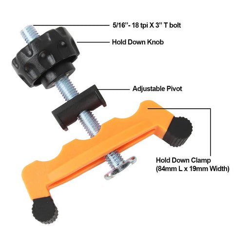 Multi Position T Track Hold Down Clamp Kit with 5/16 Inch 18 TPI X 3 Inch Bolts, Adjustable Pivot, and Plastic Safety Clamp.