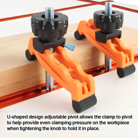 Close-up of Multi Position T Track Hold Down Clamp Kit for CNC Router with adjustable pivot knobs securing wood piece