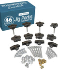 46 Piece T Track Bolts And Knobs Kit With 5/16-18 T Bolts, knobs, T nuts, and inserts displayed with packaging for woodworking projects.
