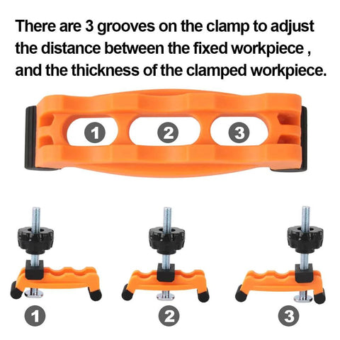 Multi Position T Track Hold Down Clamp Kit showing adjustable grooves and hold down knobs for CNC routers and woodworking.