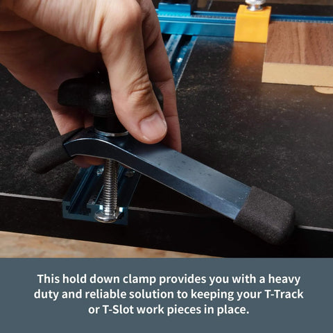 Close-up of T Track Hold Down Clamp Two Pack For Woodworking Five And One Half Inch By One And One Eighth Inch Clamps With T Bolts in use