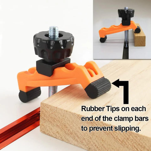 Multi Position T Track Hold Down Clamp Kit For CNC Router Metalworking And Woodworking, showing plastic clamps with rubber tips.