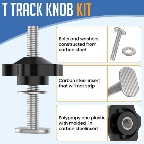 T Track Bolt Knob Kit For Woodworking Jigs And Fixtures 10 Sets 1/4-20 Bolts With Washers And Star Knobs, carbon steel and polypropylene construction detail