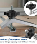 Close-up of T Track Knob Kit with star knobs, 1/4 inch bolts, and washers on a wooden surface for woodworking jigs and fixtures 10 sets