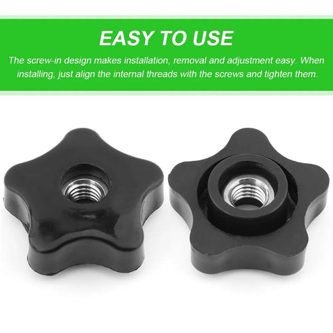 Two black five-star knobs showcasing visible threaded holes, part of Four Pack T Track Knobs For Sawing And Drilling Machines Through Hole Three Eighths Inch Durable Five Star Through Threaded Knurled Star Shaped Nuts Made From Plastic And Carbon Steel With Polished Finish Plastic Screw On Type Black.