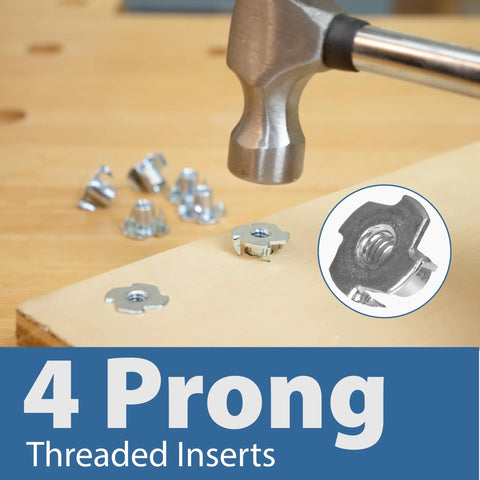 Close-up of 4 prong threaded inserts with hammer, part of 46 Piece T Track Bolts And Knobs Kit With 5/16-18 T Bolts And Threaded Knobs