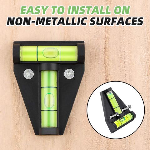 Six Pack T Type RV Levelers With Bubble Levels For RVs Campers Trailers And More Portable Acrylic Cross Check Levelers Durable And Easy To Read For Furniture Tripods And Camera Equipment installed on wooden surface.