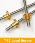 T12 lead screw with copper nut, 3D printer use, 12mm pitch, 2mm length, 100mm-1200mm, smooth motion installation option