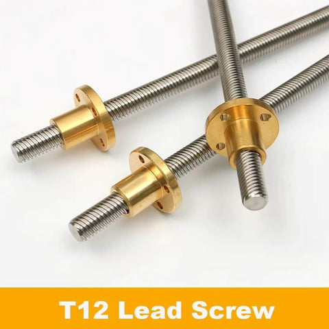 T12 lead screw with copper nut, 3D printer use, 12mm pitch, 2mm length, 100mm-1200mm, smooth motion installation option