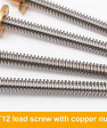Lead screw, 3d printer t12 lead screw, 12mm pitch 2mm length 100mm-1200mm with copper nut, 1pcs(1200mm)