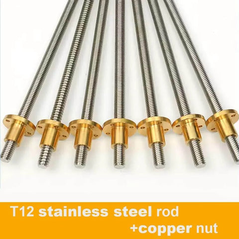 T12 lead screw, 3d printer t12 lead screw, 12mm pitch 2mm length 100mm-1200mm with copper nut, 1pcs(1200mm) shown in a row