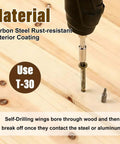 Heavy-Duty 14 By 3 1/4 Inch Self-Drilling Wood To Metal Screws With Torx Star Head T30 being drilled into wood.