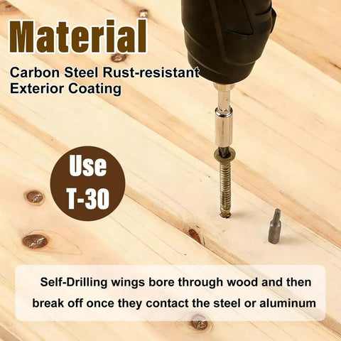 Heavy-Duty 14 By 3 1/4 Inch Self-Drilling Wood To Metal Screws With Torx Star Head T30 being drilled into wood.