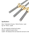 Three T5 lead screws with brass nuts for 3D printer machine Z axis, showing specifications of pitch and lead, 400mm length, CNC use