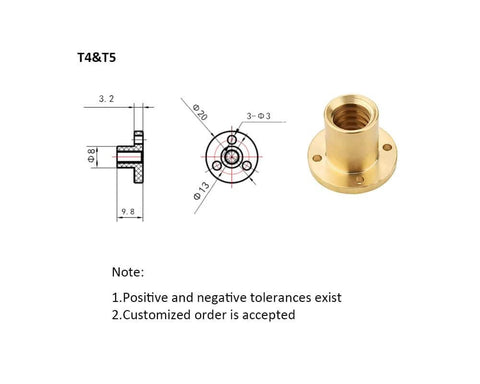 Diagram and image of brass nut for ✝️ T5 5mm lead screw 400mm/15.75" 3D printer machine Z axis with installation notes.