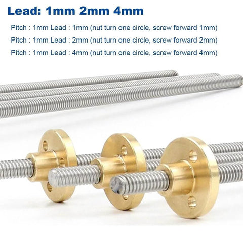 ✝️ T5 lead screw 3d printer, thread 5mm lead 1/2/4mm 150/200/300/500/550/600/800/1000mm stainless steel trapezoidal rod with brass nut, 1pcs