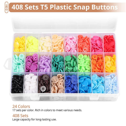 All In One Snap Fastener Starter Kit For Sewing And DIY Crafts With 408 Sets In 24 Color Options in plastic storage box