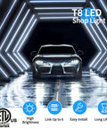 Car in tunnel with T8 LED shop lights overhead, Pack Of 4 Linkable LED Shop Lights For Garage And Basement 6 Foot Long 60W T8 Integrated Ceiling Light With Double Row V Shape Beam 270 Degree Coverage 6000K Daylight 8000 Lumen Clear Lens Plug And Play No Fuss