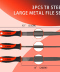 Three Piece 8 Inch Professional File Set with High Carbon Steel Files for Metal, Wood, and Plastic; flat, half-round, round files.