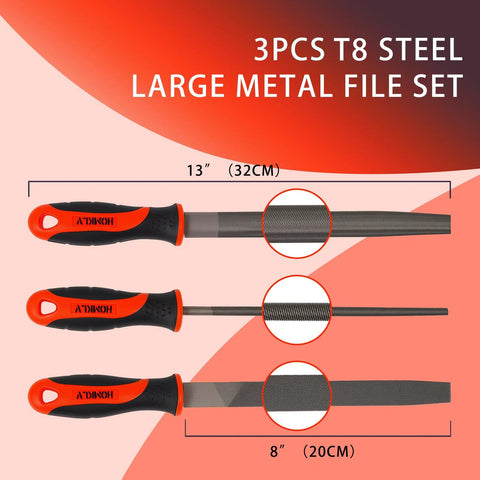 Three Piece 8 Inch Professional File Set with High Carbon Steel Files for Metal, Wood, and Plastic; flat, half-round, round files.