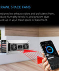Airtitan T8 Crawl Space Vent Fan with WiFi app shown installed, exhausts odors, reduces humidity; IP55 rated, programmable control.