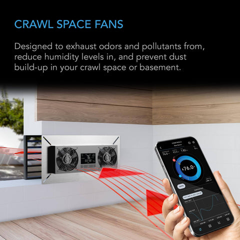 Airtitan T8 Crawl Space Vent Fan with WiFi app shown installed, exhausts odors, reduces humidity; IP55 rated, programmable control.