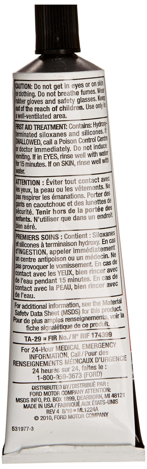 Back view of TA-29 Ultra Silicone Sealant 2.4 Oz RTV Gray Heavy Duty for Transmission Pans, showing product instructions.