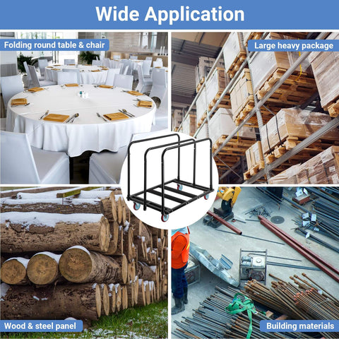 Collage showing Heavy Duty Folding Table Cart With 2000 Lbs Capacity And 10 Tables 5 Inch Swivel Wheels Durable Table Dolly in use at events and warehouses.