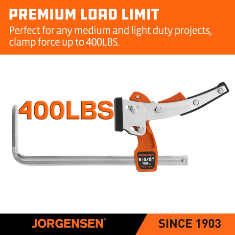 Track saw ratcheting table clamp with 400 lb force, ideal for precise woodworking and DIY projects, featuring easy grip and release.