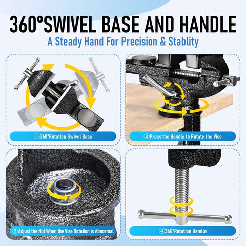 360-degree rotation steps for 2 Inch Table Vise With Anvil And Swivel Base Universal Cast Steel Bench Vise on workbench