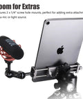 Full Metal Tablet Tripod Holder With Universal Clamp And Arca Swiss Dovetail Mounts for tablet on tripod with mic attachment