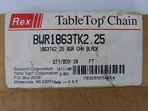 Box label of Tabletop Conveyor Roller Chain BWR1863TK2.25, Rexnord quality, shows product details and barcode.