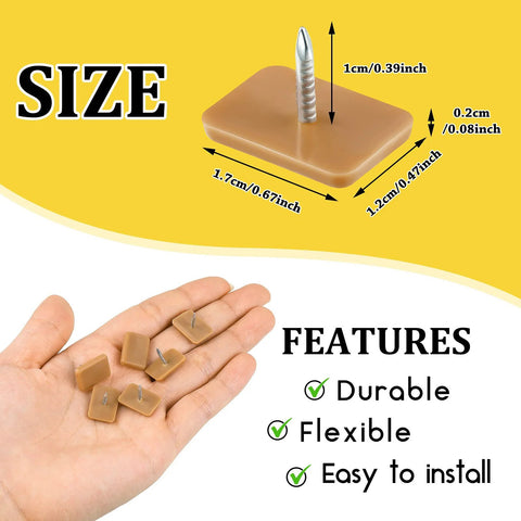 Close-up of 30 Pieces Tack-In Drawer Glides For Dresser Repair, Durable Hard Plastic Cushions, hand holding glides, with size and features.