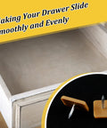 30 Pieces Tack-In Drawer Glides For Dresser Repair, Durable Hard Plastic Cushions shown with an open wooden drawer.
