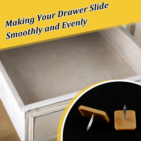 30 Pieces Tack-In Drawer Glides For Dresser Repair, Durable Hard Plastic Cushions shown with an open wooden drawer.