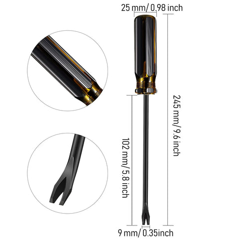 Three Pack Tack Lifter Set With 3 Mm U Tip CRV Steel For Easy Staple Removal And Nail Pulling Furniture Upholstery Rivet Removal Tool For Carpentry And DIY Projects In Durable Yellow And Black Finish with detailed dimensions.