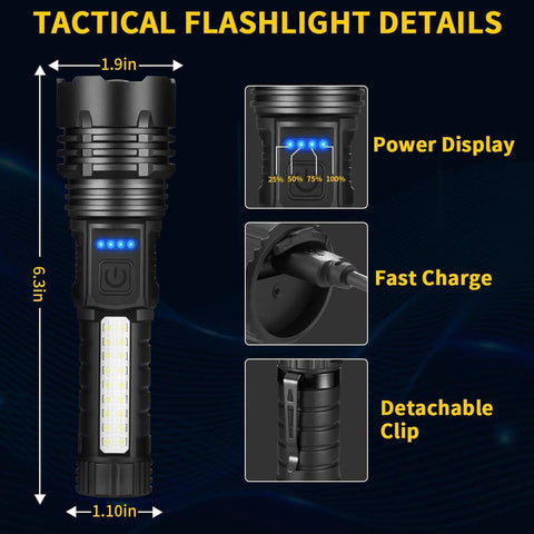 Rechargeable flashlight with 7 modes and USB-C charging delivers high-lumen, reliable light for home emergencies, camping.