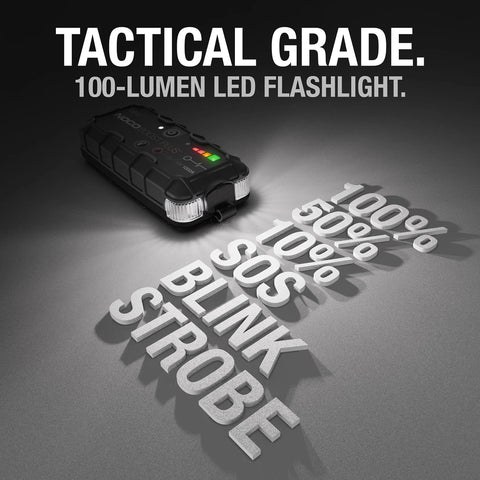 1000 Amp UltraSafe Jump Starter 12V Lithium Battery Booster Pack showing tactical grade LED flashlight with multiple light modes