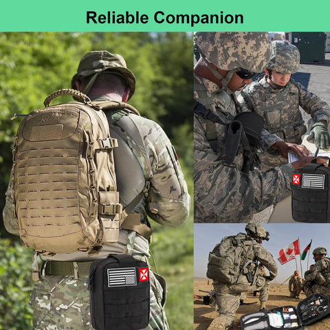 256 In 1 Survival First Aid Kit With MOLLE Pouch in military use, attached to backpack, and as part of an emergency setup