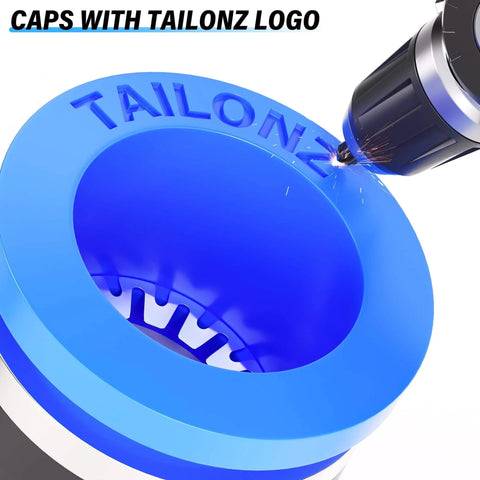 Close-up of Tailonz logo on blue cap, part of 30 Pcs Pneumatic Straight Push Connectors Set Plastic Quick Release Air Line Fittings.