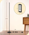 Image of a Set Of 2 Tall LED Corner Floor Lamps With Remote Dimmable 7 Color Temperatures From 2700K To 6000K 10 To 100 Percent Brightness 57.5 Inch Tall Black Finish Ideal For Living Room Bedroom And Home Office By EDISHINE, showing one lamp with measurements and remote control.