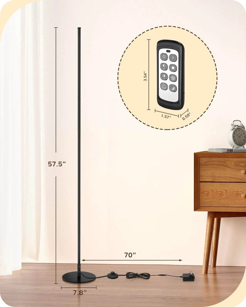 Image of a Set Of 2 Tall LED Corner Floor Lamps With Remote Dimmable 7 Color Temperatures From 2700K To 6000K 10 To 100 Percent Brightness 57.5 Inch Tall Black Finish Ideal For Living Room Bedroom And Home Office By EDISHINE, showing one lamp with measurements and remote control.