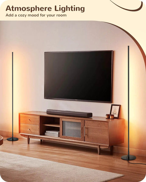 Set Of 2 Tall LED Corner Floor Lamps With Remote Dimmable 7 Color Temperatures From 2700K To 6000K 10 To 100 Percent Brightness 57.5 Inch Tall Black Finish Ideal For Living Room Bedroom And Home Office By EDISHINE beside TV stand