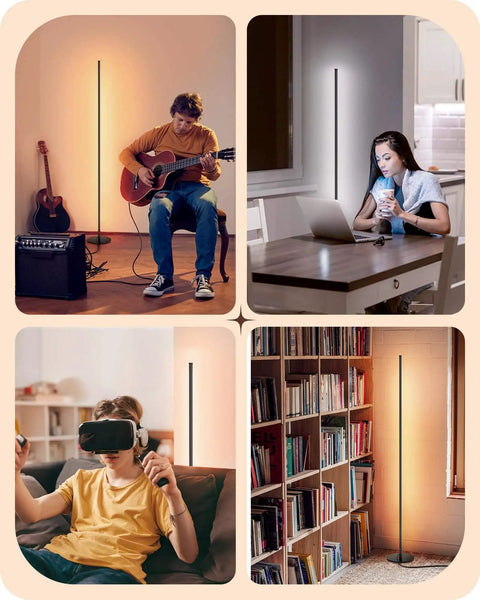 Set Of 2 Tall LED Corner Floor Lamps With Remote Dimmable 7 Color Temperatures 57.5 Inch Tall Black Finish in living spaces