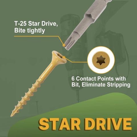 Deck Screws 2 Inch, Wood Screws #8 x 2, 300 PCS, Rust Resistant, Torx/Star Drive, T25 Star Bit Included, Tan, Close-up of Screw Head