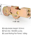 Sliding Door Roller Replacement Tandem Assembly With One And One Quarter Inch Steel Ball Bearing For Patio Doors And Glass Doors In UPVC And Vinyl, close-up view with measurements.