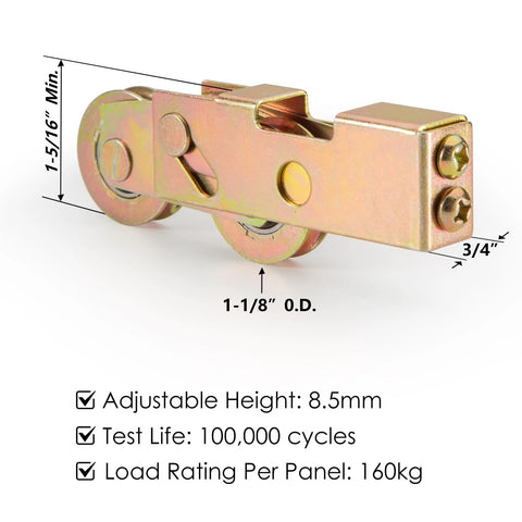 Sliding Door Roller Replacement Tandem Assembly With One And One Quarter Inch Steel Ball Bearing For Patio Doors And Glass Doors In UPVC And Vinyl, close-up view with measurements.