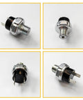 Four views of Tank Mount Air Pressure Switch for 120 to 150 PSI with 1/4 NPT threads, DC 12/24V, up to 20A, metal and plastic body